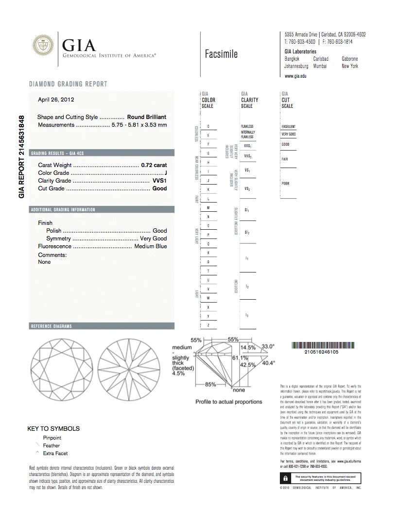 0.72 CT J VVS1 GIA Certified Natural Loose Diamond Round Cut Brilliant