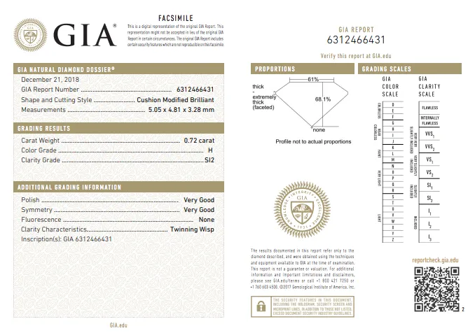 0.72 CT Natural Loose Diamond GIA Certified H Color SI2 Clarity Cushion Cut