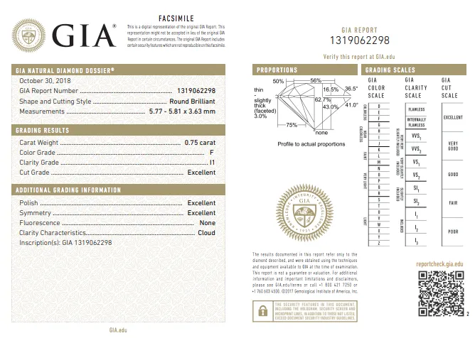 0.75 CT F /I1 GIA Certified Natural Loose Diamond Round Cut Brilliant Ideal Make
