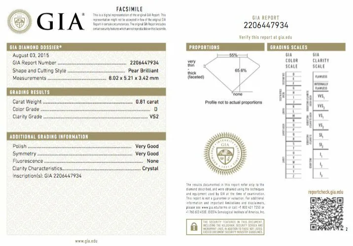 0.81 CT D Color VS2 Clarity GIA Certified Pear Shape Cut Natural Loose Diamond