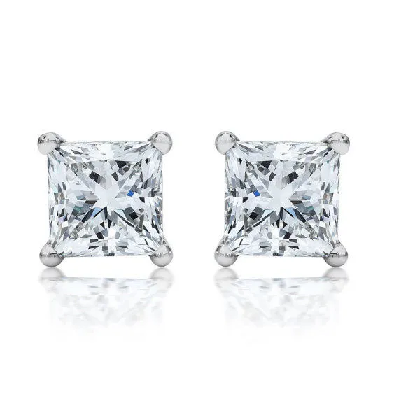 1 CT F-G Color VVS2 Diamond Stud Earrings Certified 14k White Gold Princess Cut