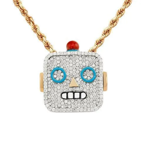 14k Two Tone Gold Diamond Robot Pendant 2.30 Ctw