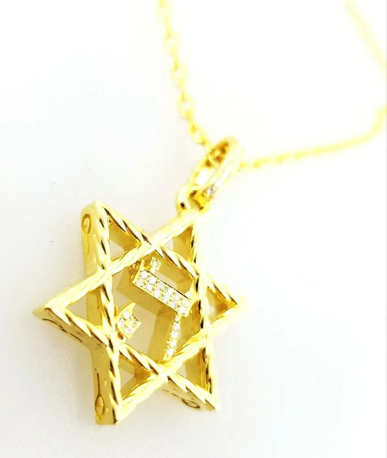 14k Yellow Gold Star of David Hebrew Necklace 0.32 CT Real Diamonds 18" Inch