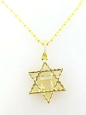 14k Yellow Gold Star of David Hebrew Necklace 0.32 CT Real Diamonds 18" Inch