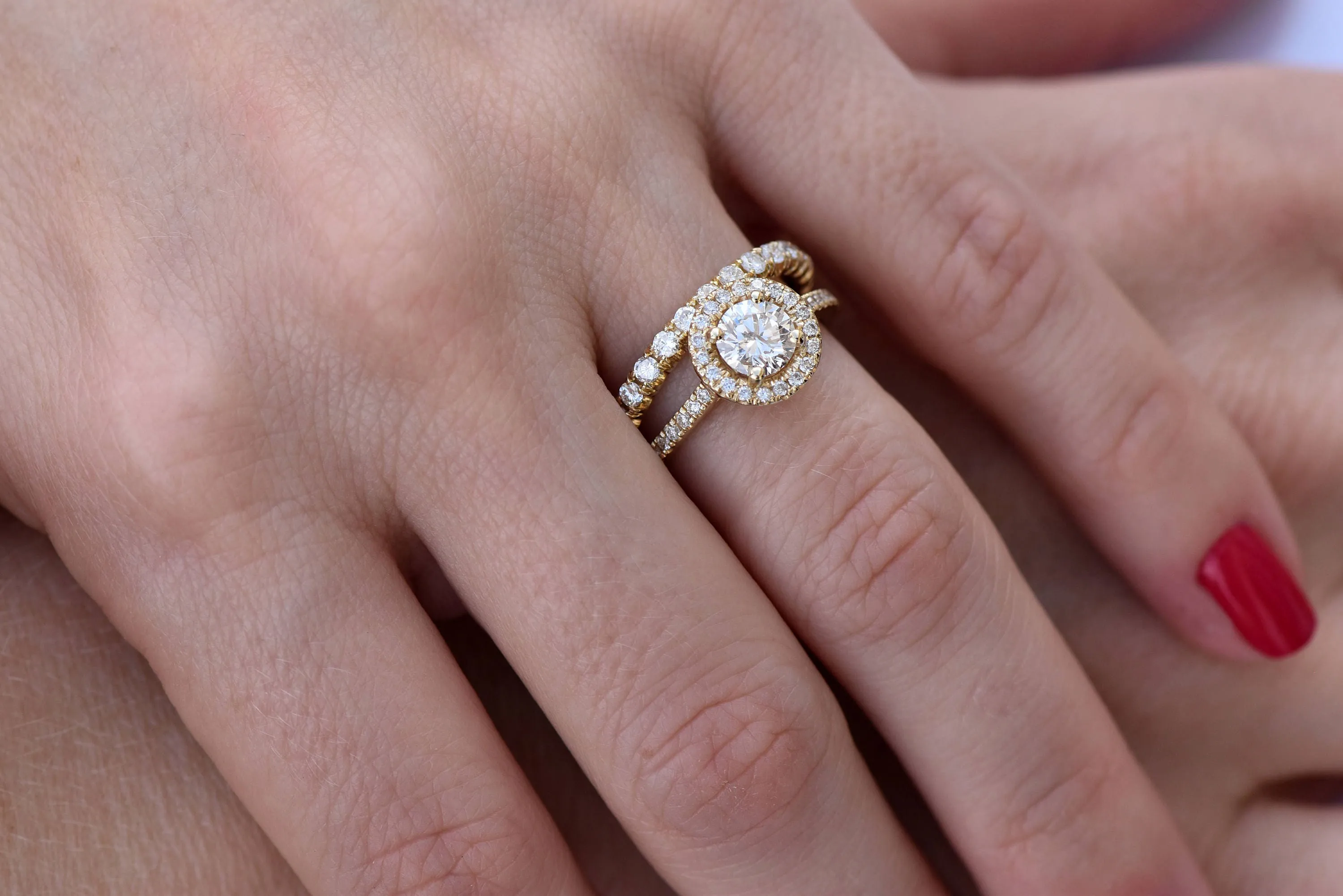 1.50 carat Halo diamond engagement wedding sets-Diamond wedding set-14K yellow Gold-Promise ring-Diamond engagement ring-Wedding band