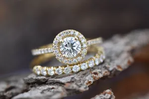 1.50 carat Halo diamond engagement wedding sets-Diamond wedding set-14K yellow Gold-Promise ring-Diamond engagement ring-Wedding band