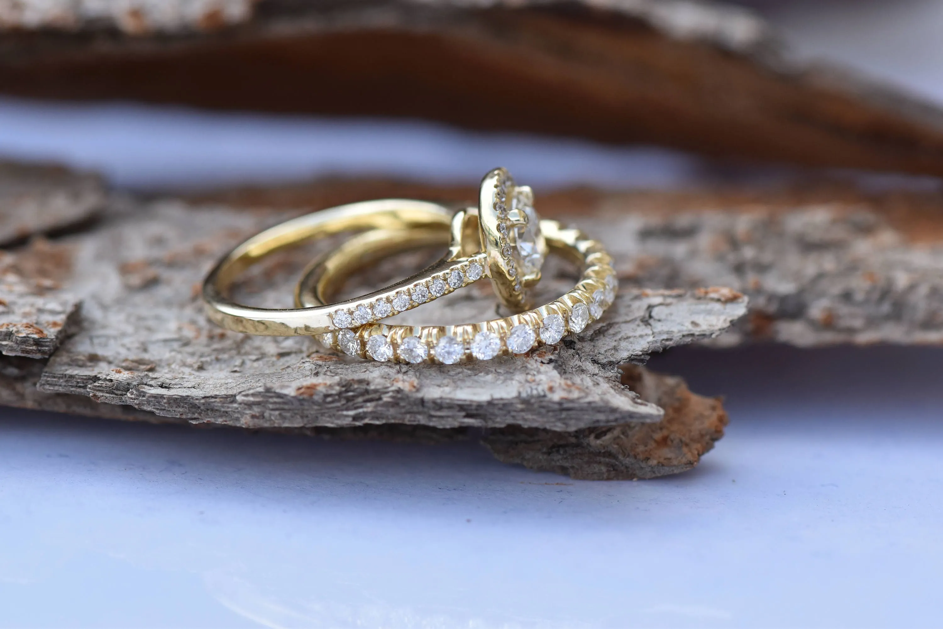 1.50 carat Halo diamond engagement wedding sets-Diamond wedding set-14K yellow Gold-Promise ring-Diamond engagement ring-Wedding band