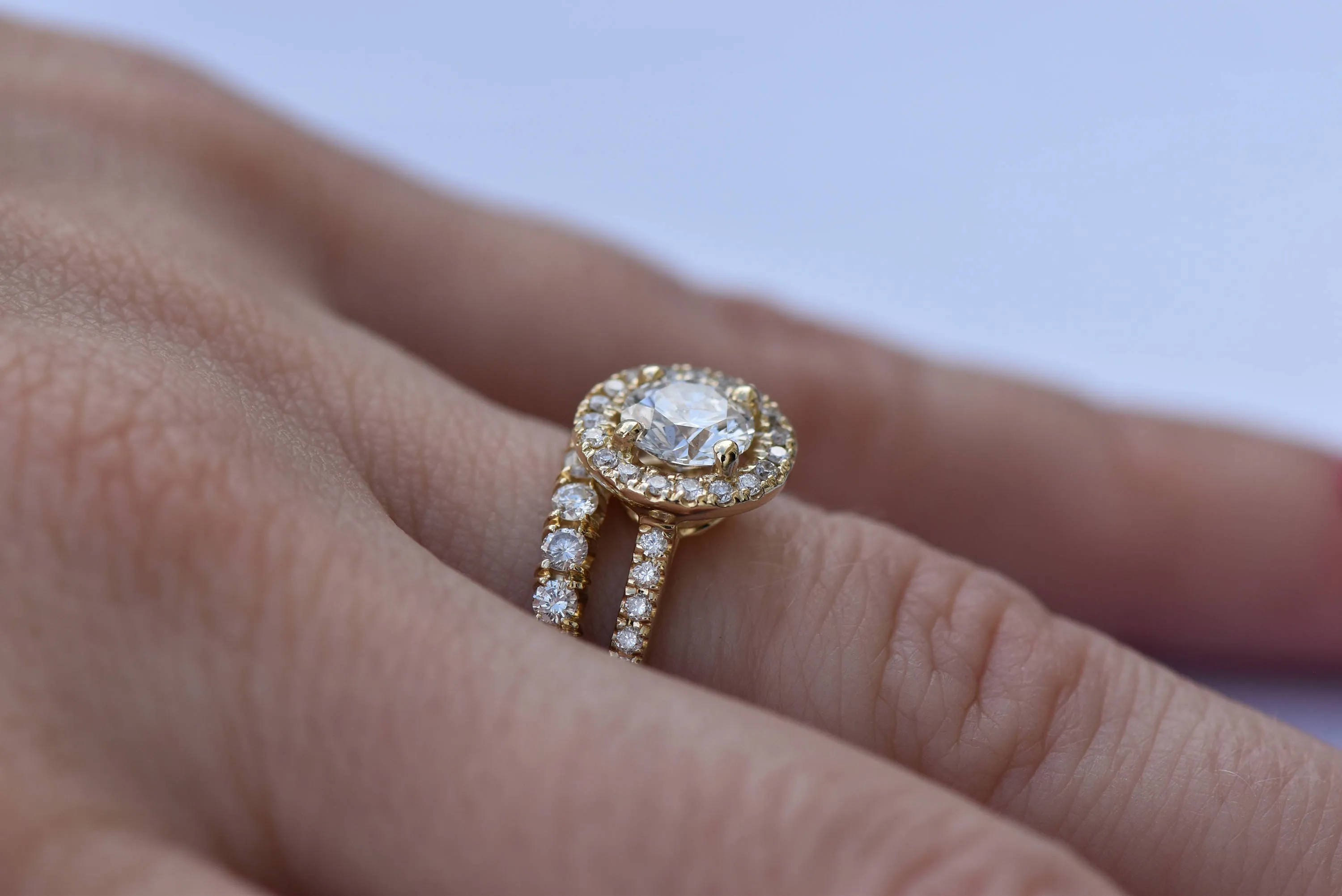 1.50 carat Halo diamond engagement wedding sets-Diamond wedding set-14K yellow Gold-Promise ring-Diamond engagement ring-Wedding band