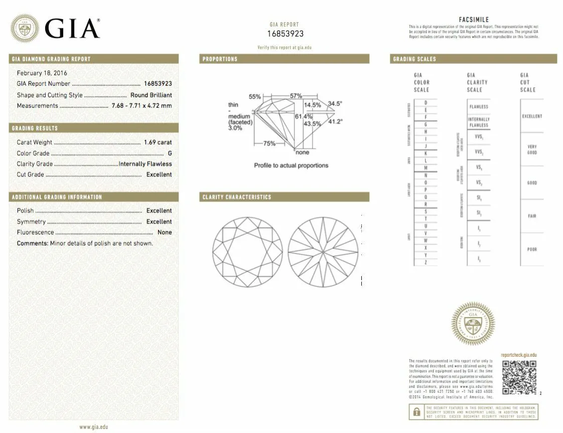 1.69 CT Natural Loose Diamond G Flawless Round Cut Brilliant GIA Certified