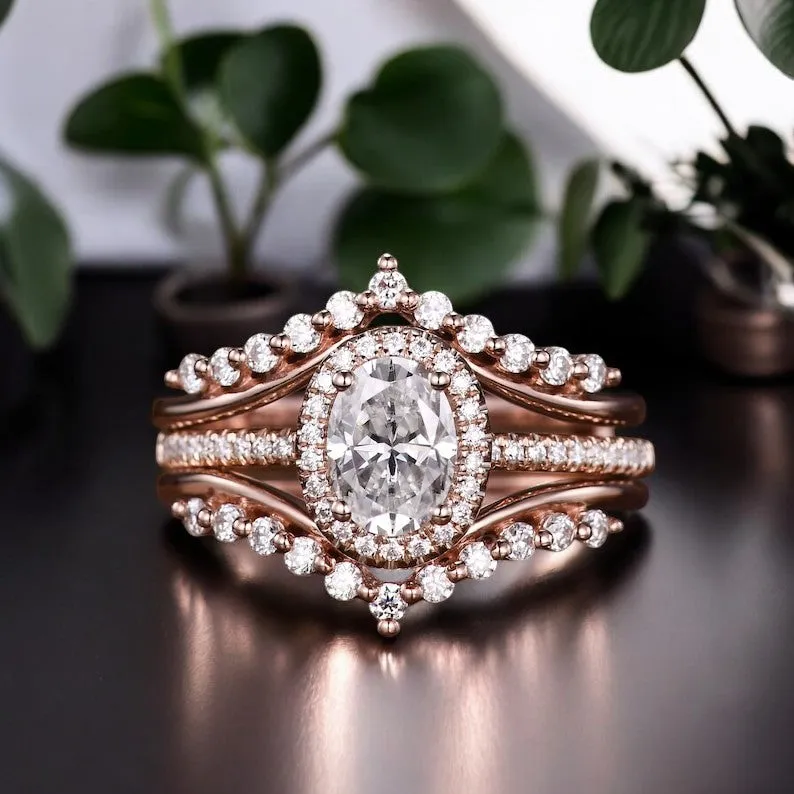 1.850ct Oval cut Moissanite engagement ring set unique enhancer Matching band