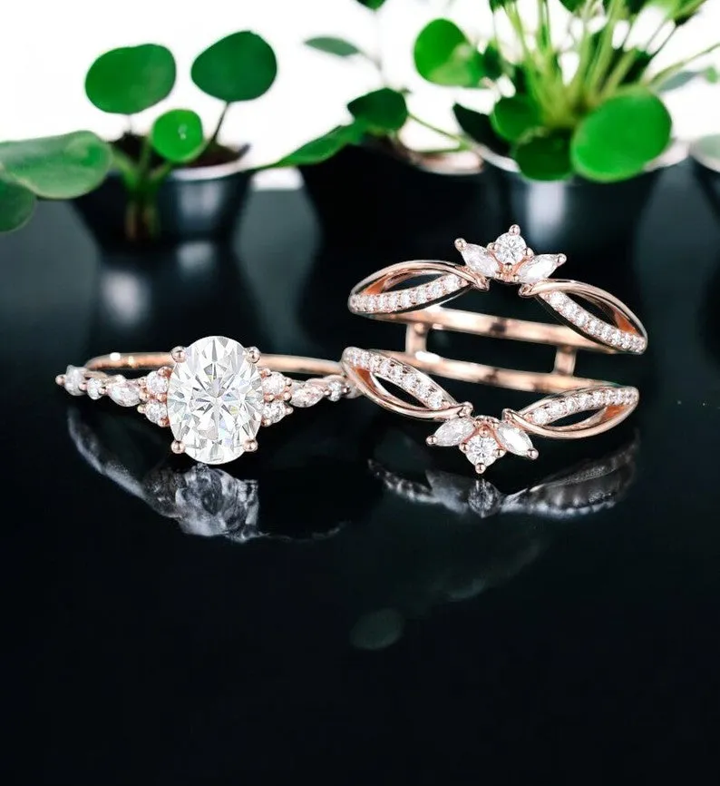 1.850ct Oval cut Moissanite Engagement Ring set,Stacking ring