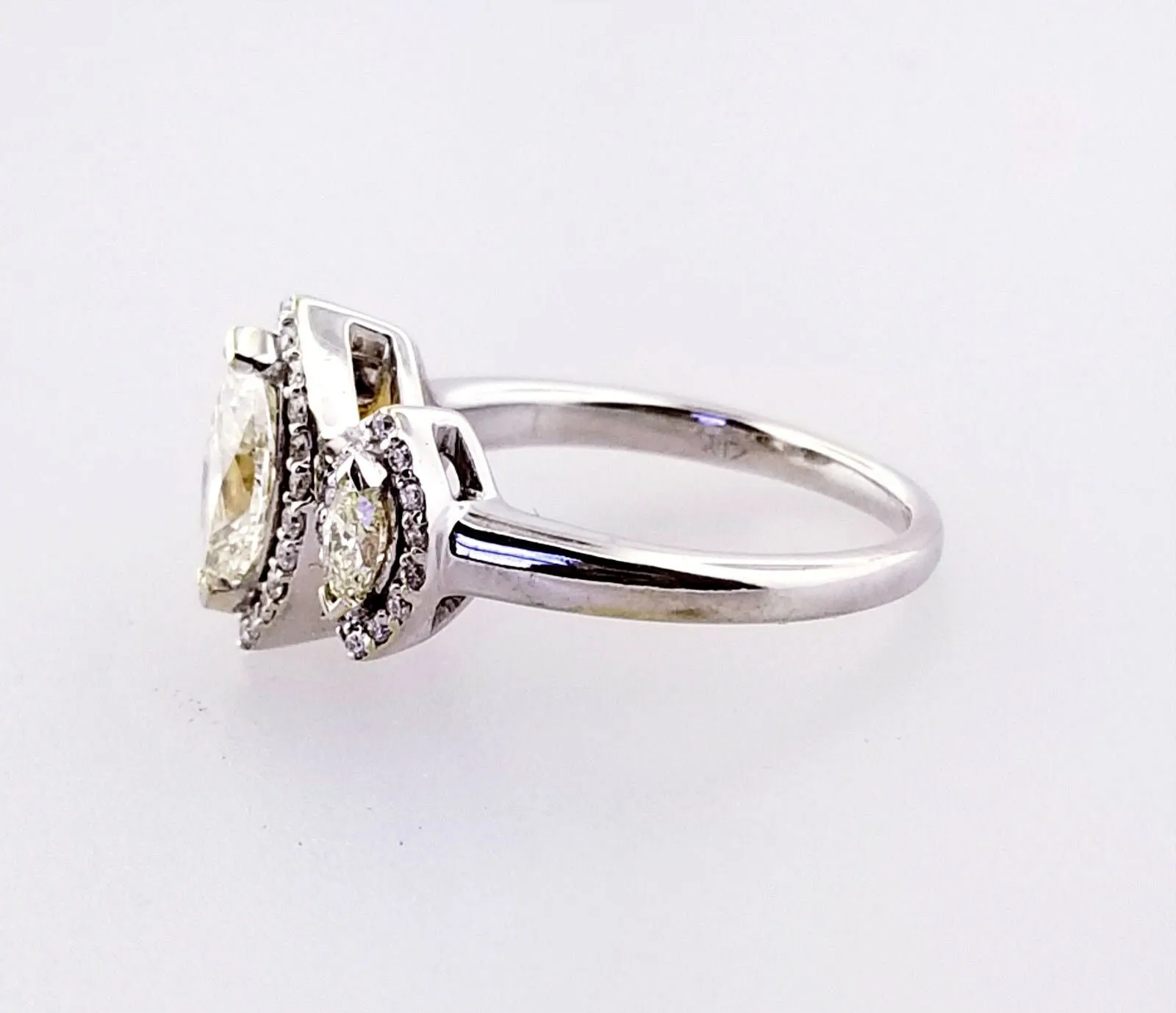 1CT Diamond Ring Fancy Yellow Color Marquise Cut 3 Stones 14K Gold Size 6