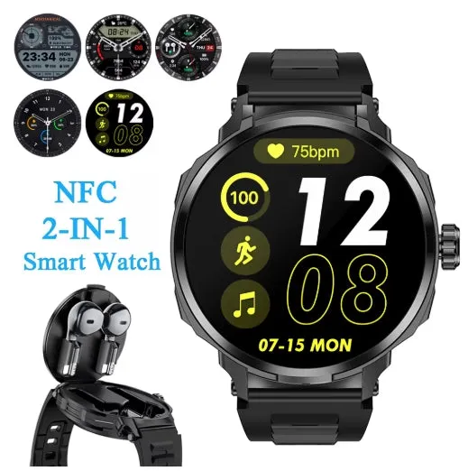 2 in 1 Health Monitoring Smart Watch Bulit-in TWS Headset Sport HD Full Color Screen Waterproof HIFI Sound Quality Bluetooth Earphones