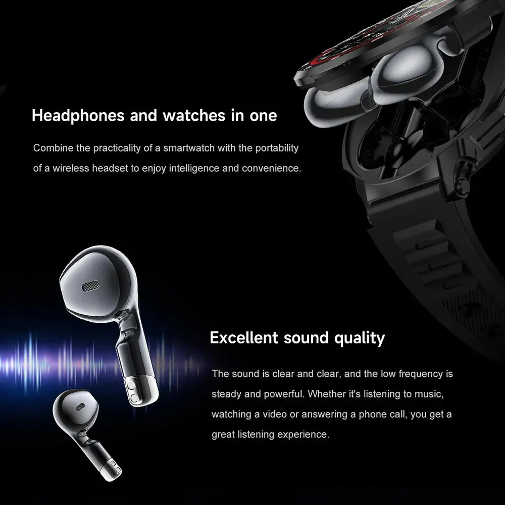 2 in 1 Health Monitoring Smart Watch Bulit-in TWS Headset Sport HD Full Color Screen Waterproof HIFI Sound Quality Bluetooth Earphones