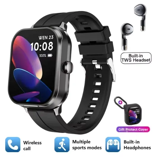 2 in 1 Health Monitoring Smart Watch Bulit-in TWS Headset Sport HD Full Color Screen Waterproof HIFI Sound Quality Bluetooth Earphones