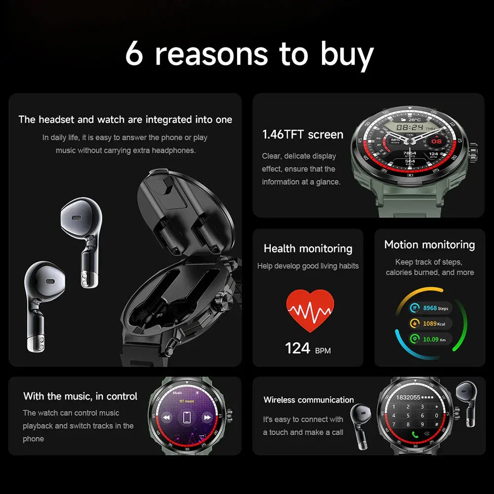 2 in 1 Health Monitoring Smart Watch Bulit-in TWS Headset Sport HD Full Color Screen Waterproof HIFI Sound Quality Bluetooth Earphones