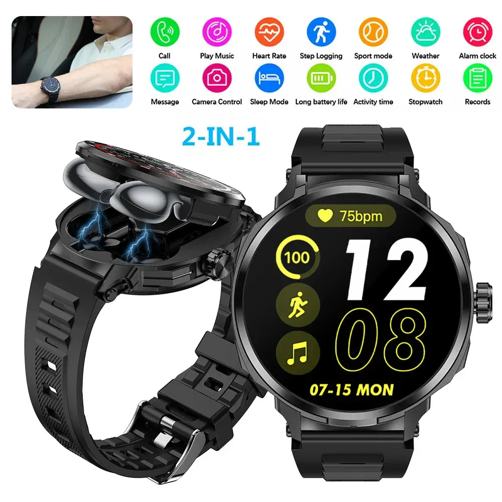 2 in 1 Health Monitoring Smart Watch Bulit-in TWS Headset Sport HD Full Color Screen Waterproof HIFI Sound Quality Bluetooth Earphones