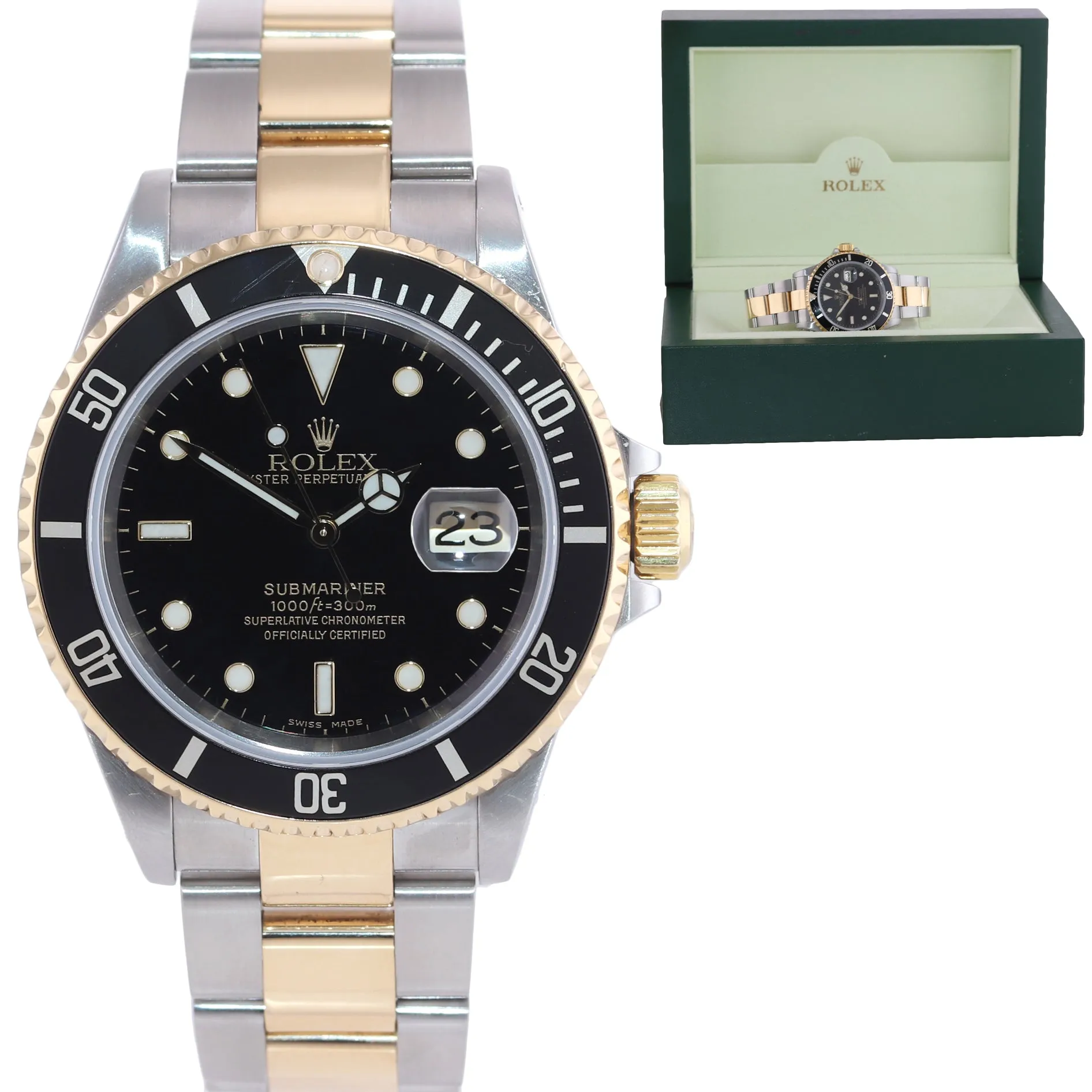 2001 Rolex Submariner 16613 18k Gold Steel Two Tone Black GOLD BUCKLE Watch Box