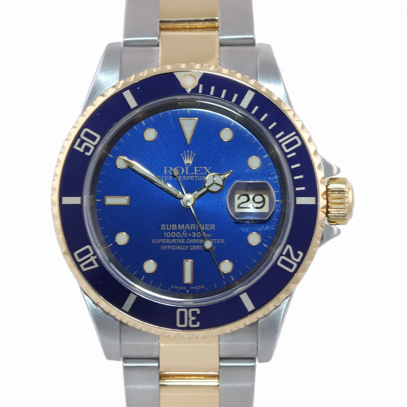 2002 PAPERS Rolex Submariner 16613 Two Tone 18k Gold Blue Dial 40mm Watch