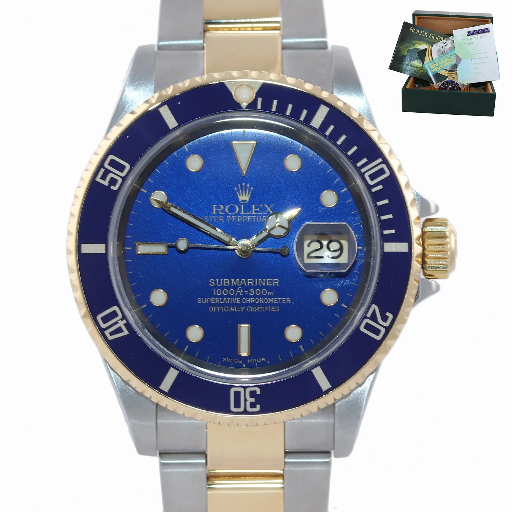 2002 PAPERS Rolex Submariner 16613 Two Tone 18k Gold Blue Dial 40mm Watch