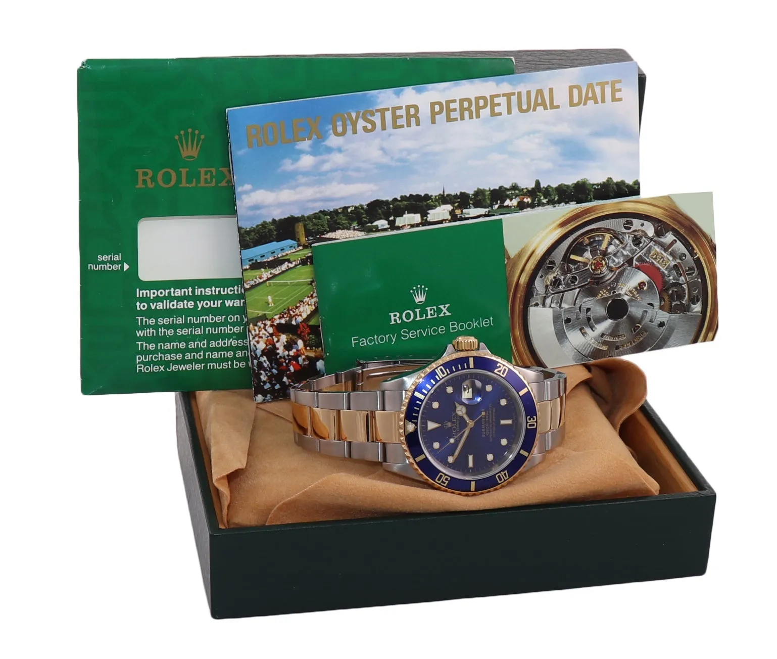 2002 Rolex Submariner 16613 Two Tone Gold Blue 40mm Watch Box Gold Buckle