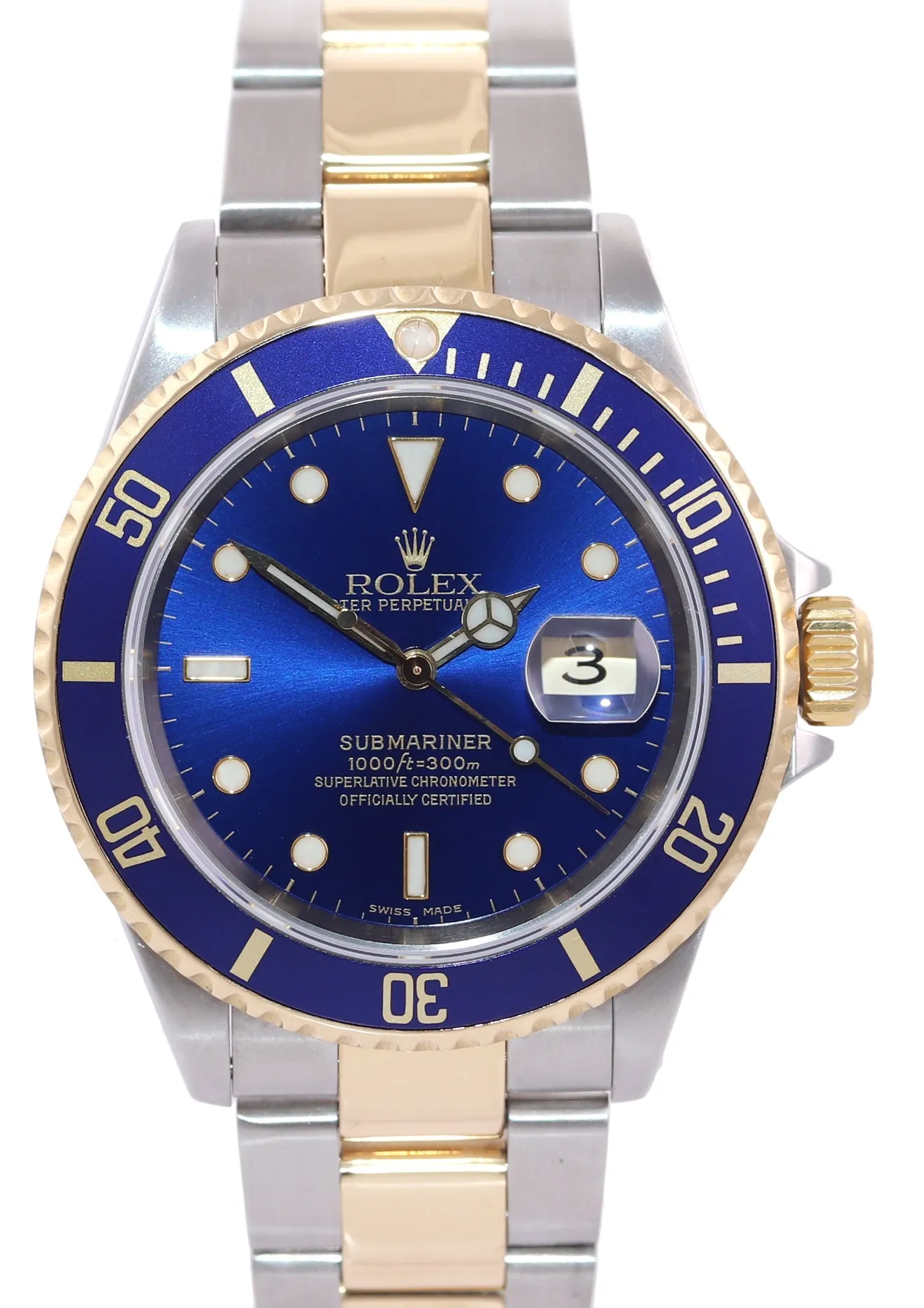 2002 Rolex Submariner 16613 Two Tone Gold Blue 40mm Watch Box Gold Buckle