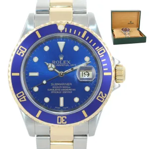 2004 GOLD BUCKLE Rolex Submariner 16613 Two Tone Steel Gold Blue No Holes Watch