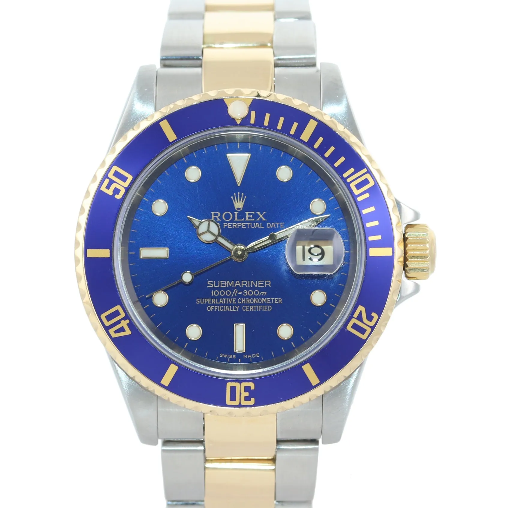 2004 GOLD BUCKLE Rolex Submariner 16613 Two Tone Steel Gold Blue No Holes Watch