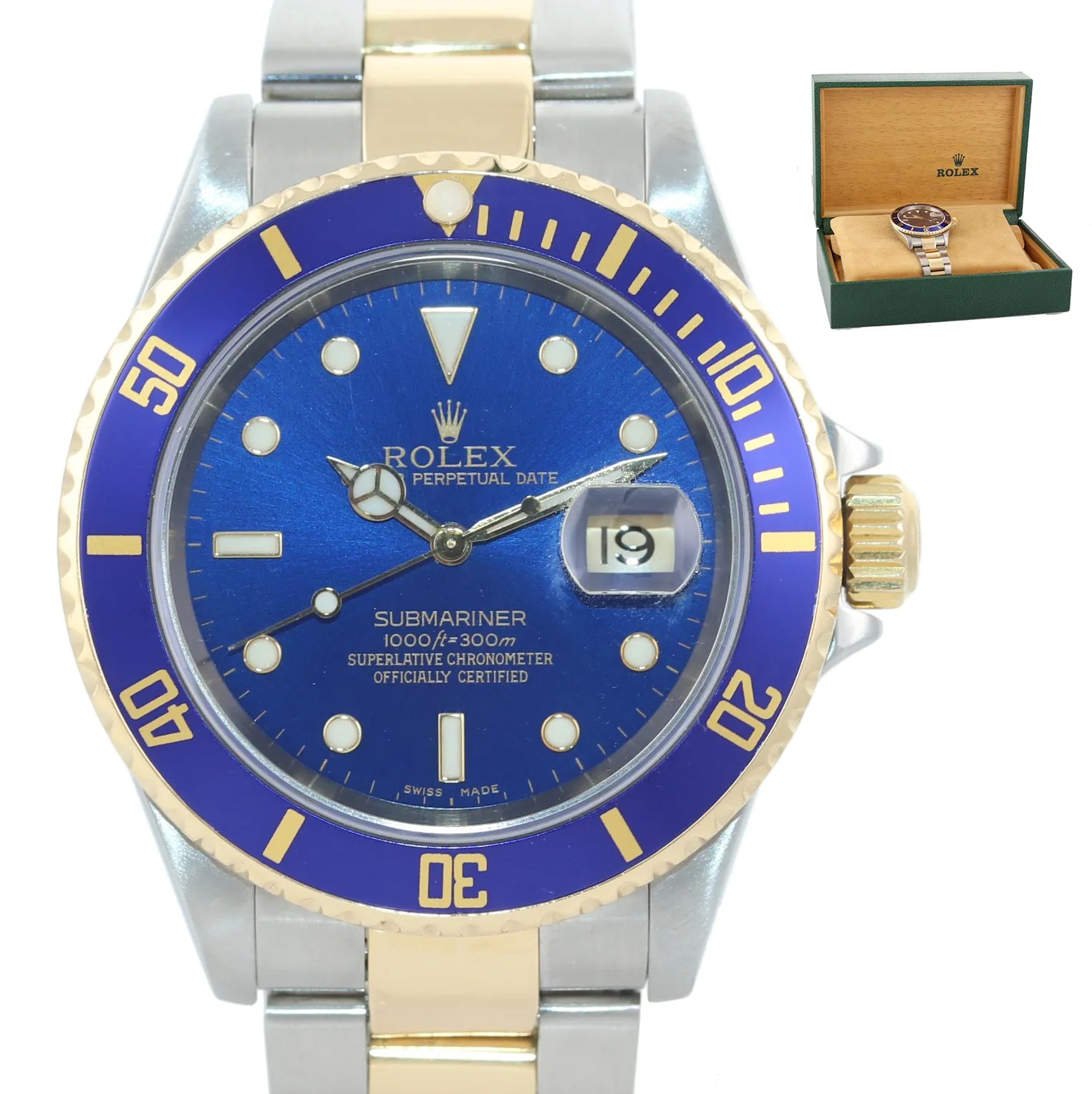 2004 GOLD BUCKLE Rolex Submariner 16613 Two Tone Steel Gold Blue No Holes Watch