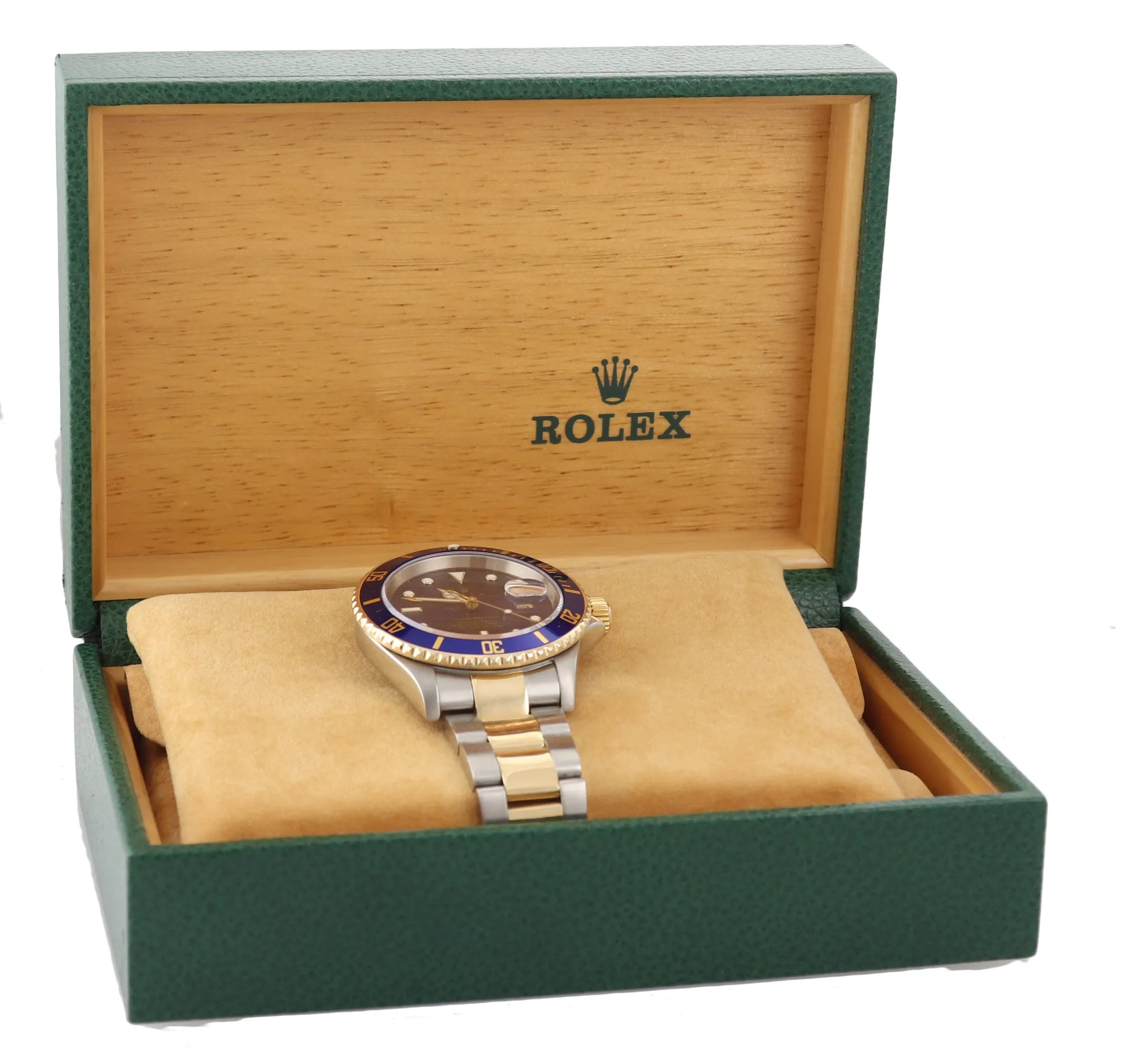 2004 GOLD BUCKLE Rolex Submariner 16613 Two Tone Steel Gold Blue No Holes Watch