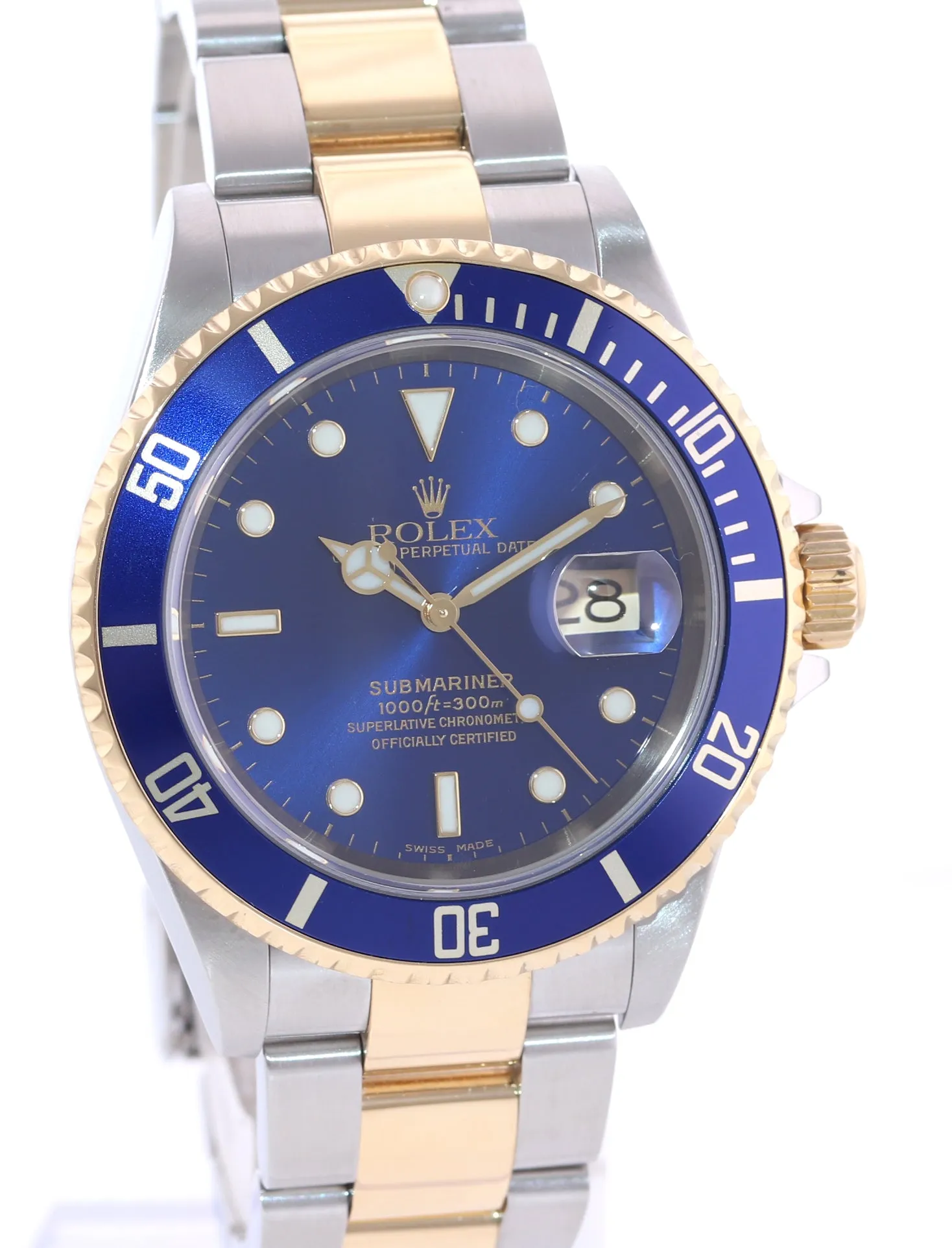 2004 PAPERS Rolex Submariner 16613 Two Tone Steel Gold Blue 40mm No Holes Watch