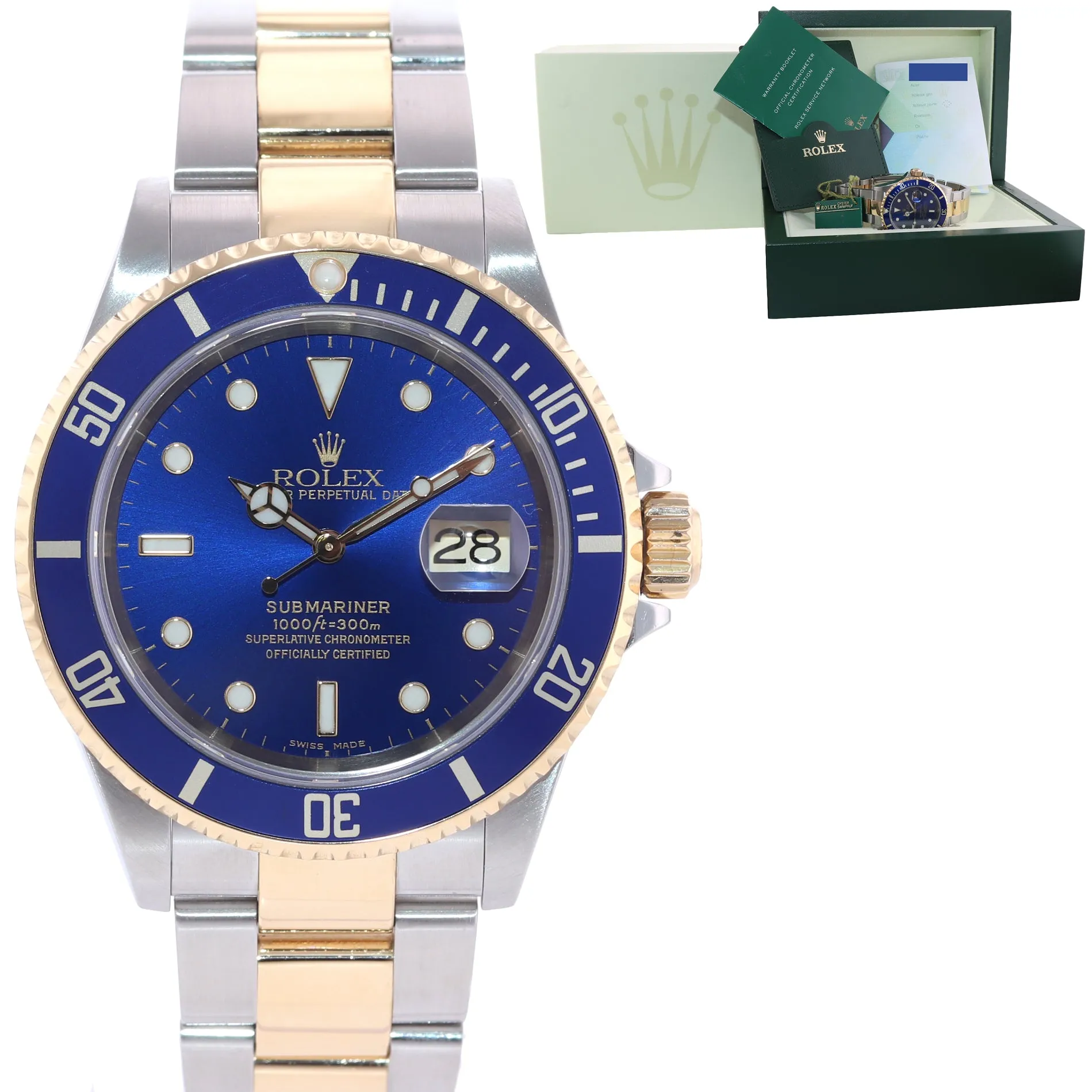 2004 PAPERS Rolex Submariner 16613 Two Tone Steel Gold Blue 40mm No Holes Watch