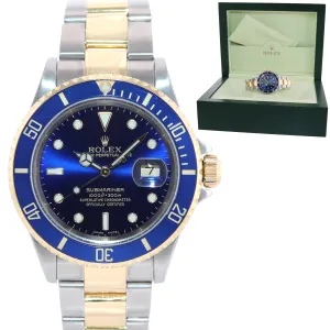 2004 Rolex Submariner 16613 Gold Steel Two Tone Gold Buckle Sunburst Blue Watch