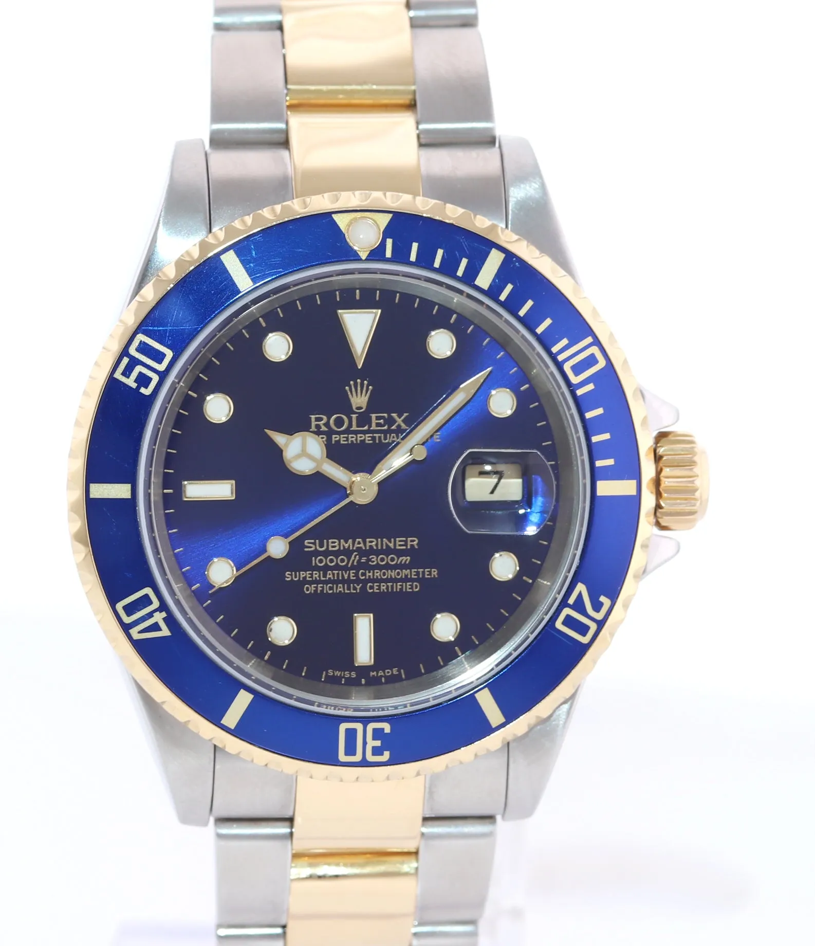 2004 Rolex Submariner 16613 Gold Steel Two Tone Gold Buckle Sunburst Blue Watch