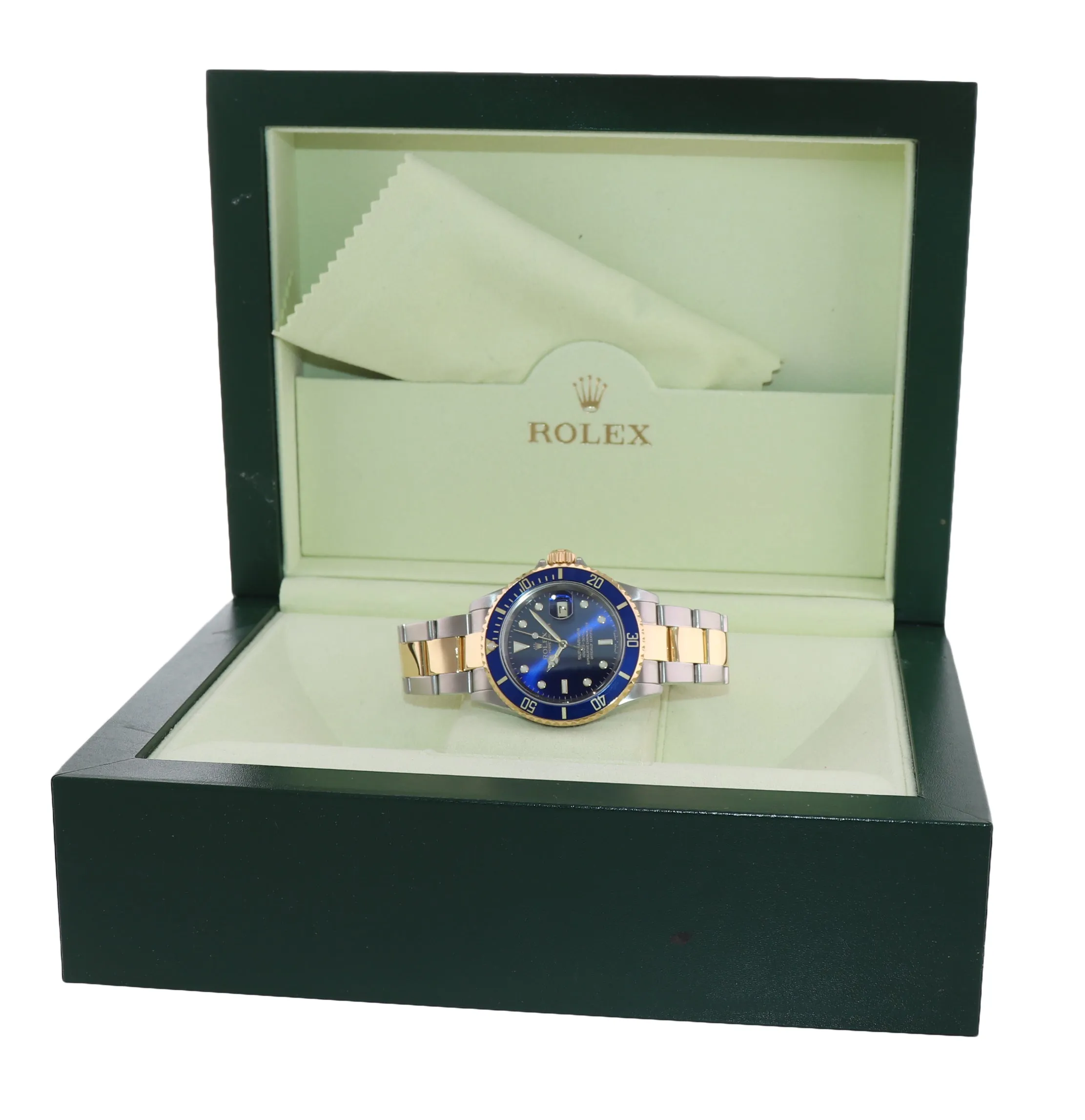 2004 Rolex Submariner 16613 Gold Steel Two Tone Gold Buckle Sunburst Blue Watch