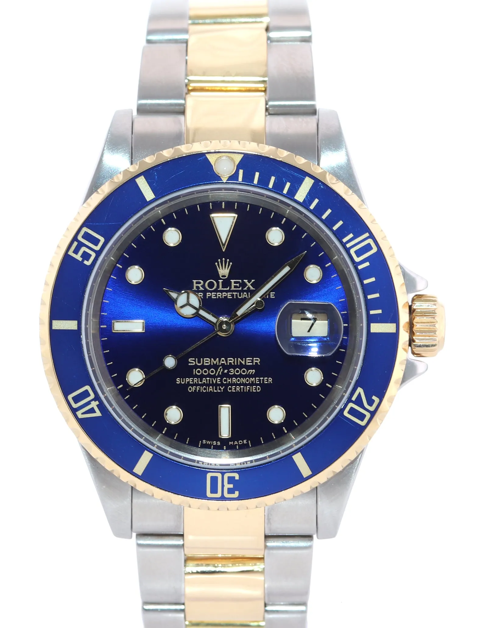 2004 Rolex Submariner 16613 Gold Steel Two Tone Gold Buckle Sunburst Blue Watch