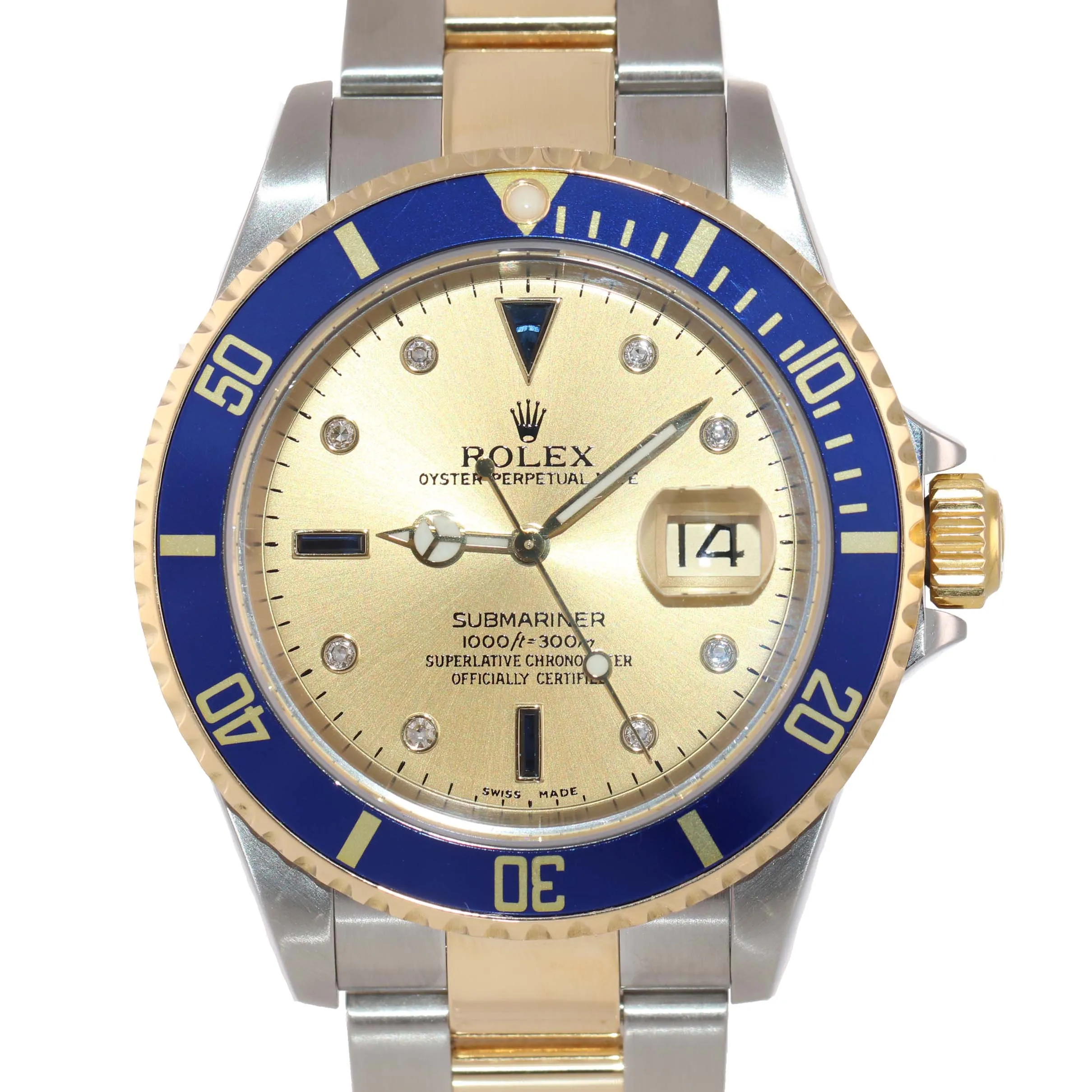 2005 NO HOLES Rolex Submariner 16613 Two Tone Gold Steel Factory Diamond Watch