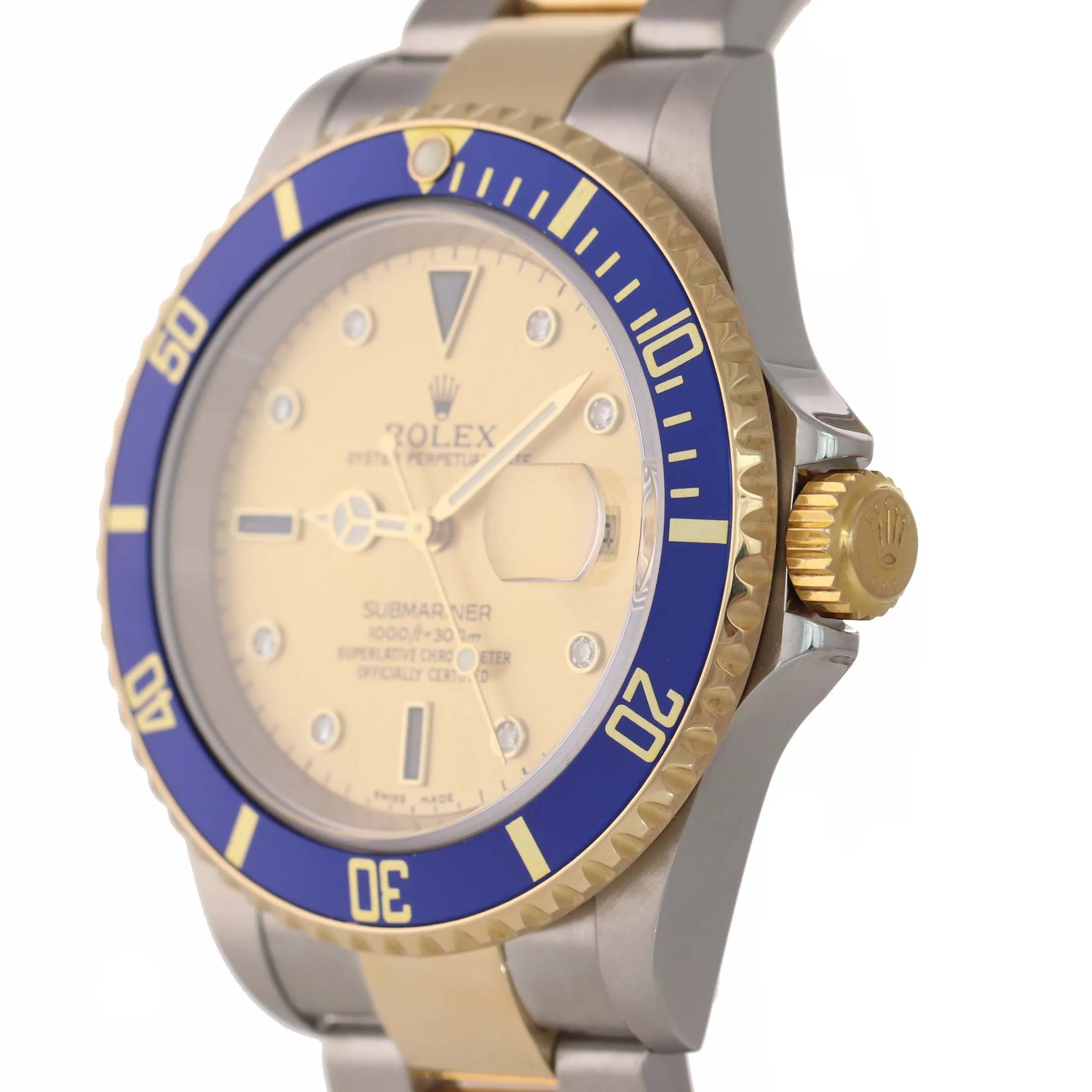 2005 NO HOLES Rolex Submariner 16613 Two Tone Gold Steel Factory Diamond Watch