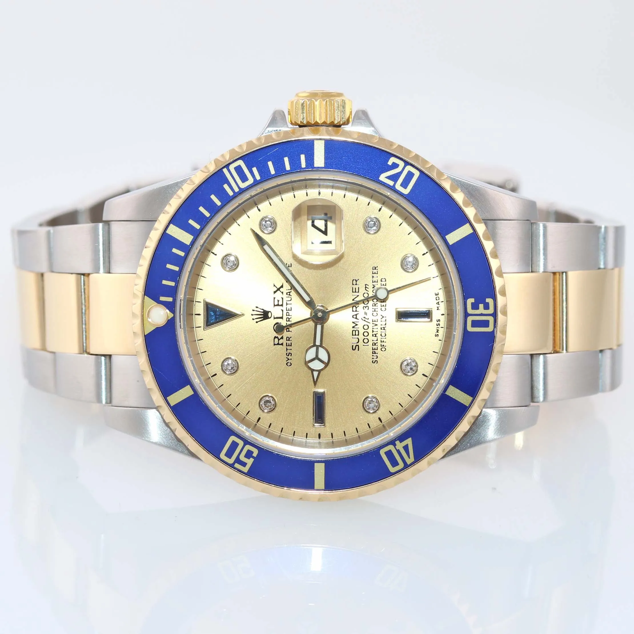 2005 NO HOLES Rolex Submariner 16613 Two Tone Gold Steel Factory Diamond Watch