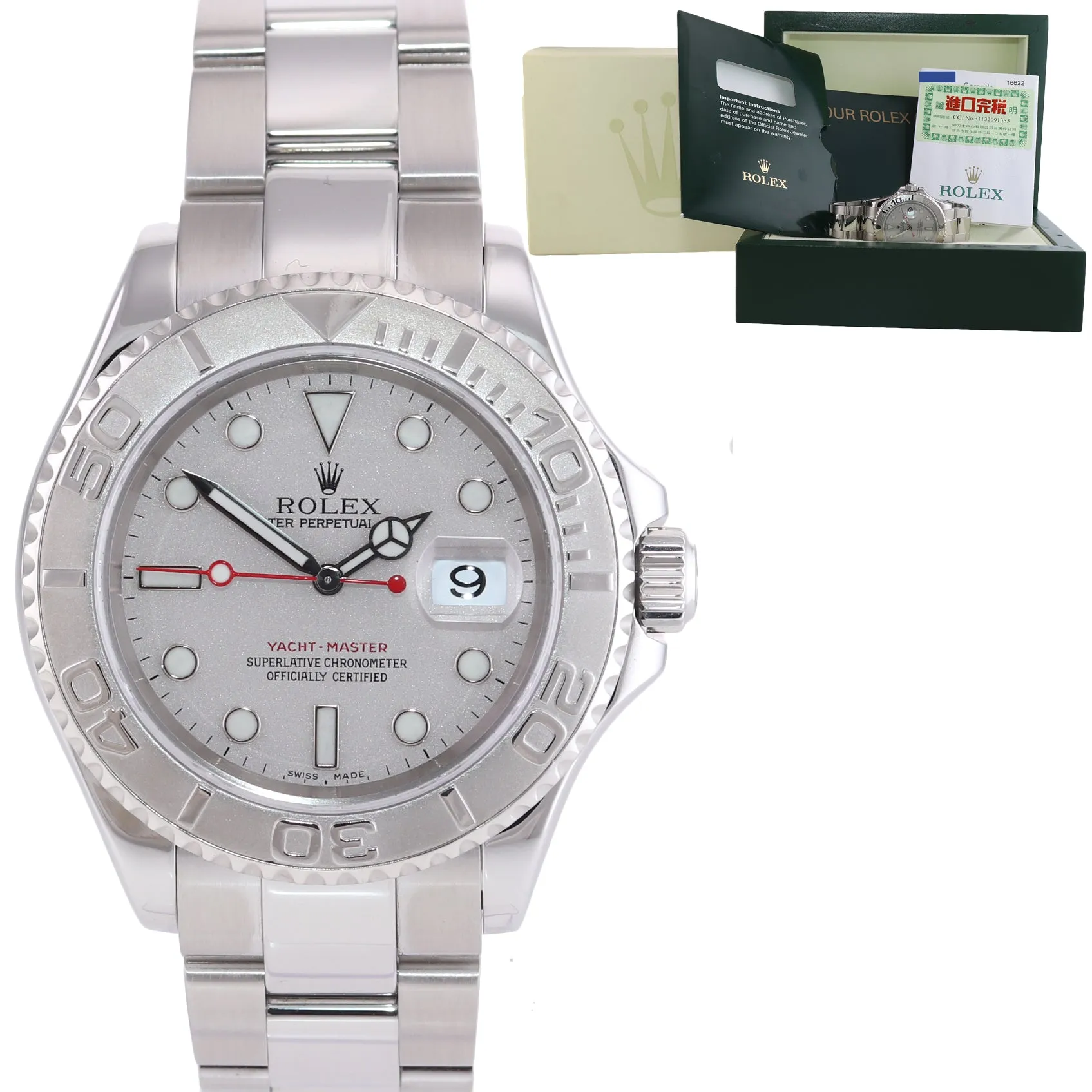 2005 PAPERS Rolex Yacht-Master 16622 Steel Platinum Dial 40mm Watch Box