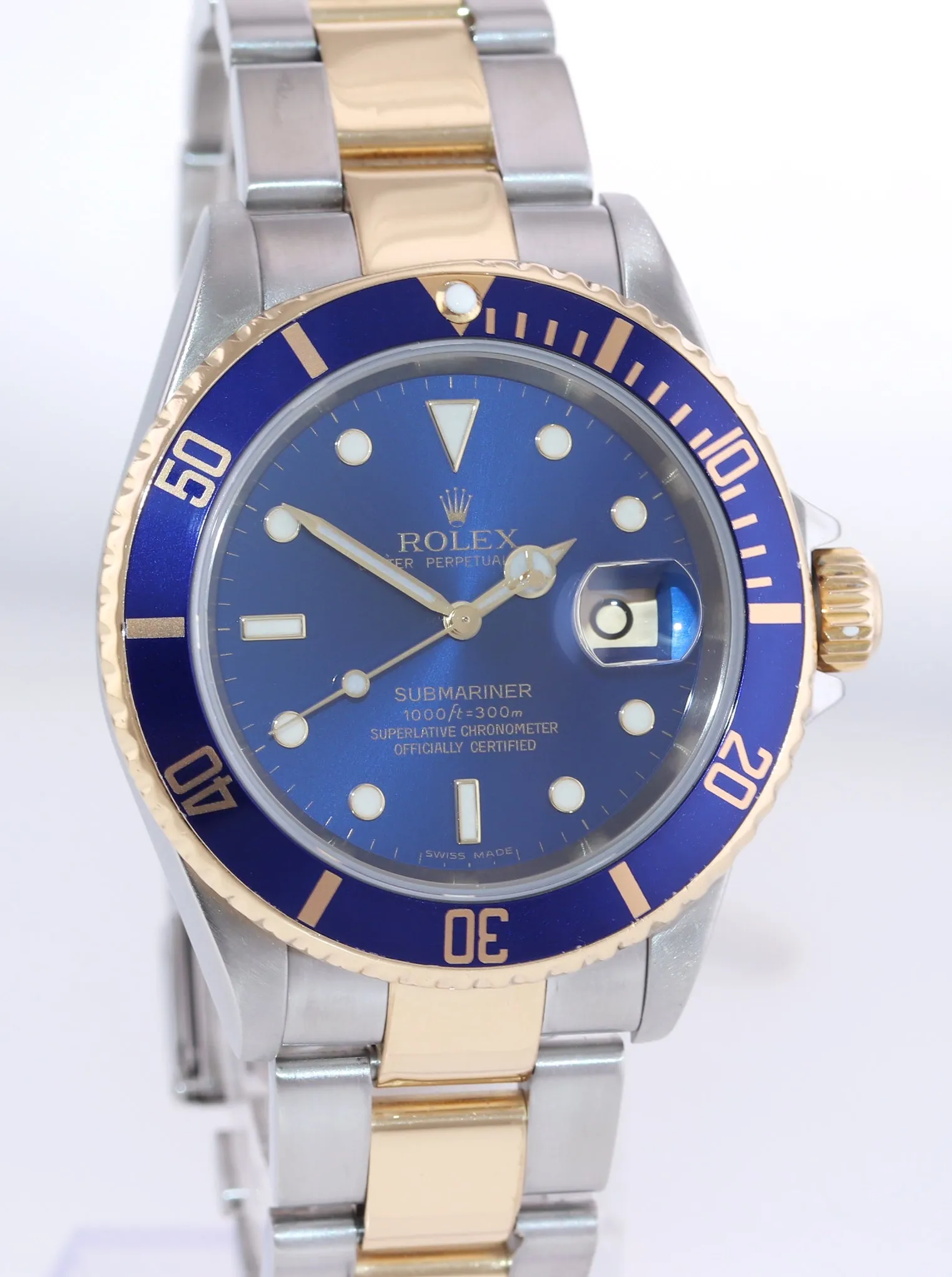 2007 No Holes Rolex Submariner 16613 Gold Steel Two Tone Gold Buckle Blue Watch