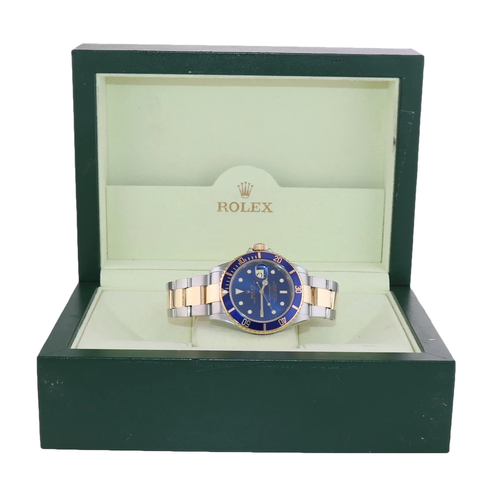 2007 No Holes Rolex Submariner 16613 Gold Steel Two Tone Gold Buckle Blue Watch