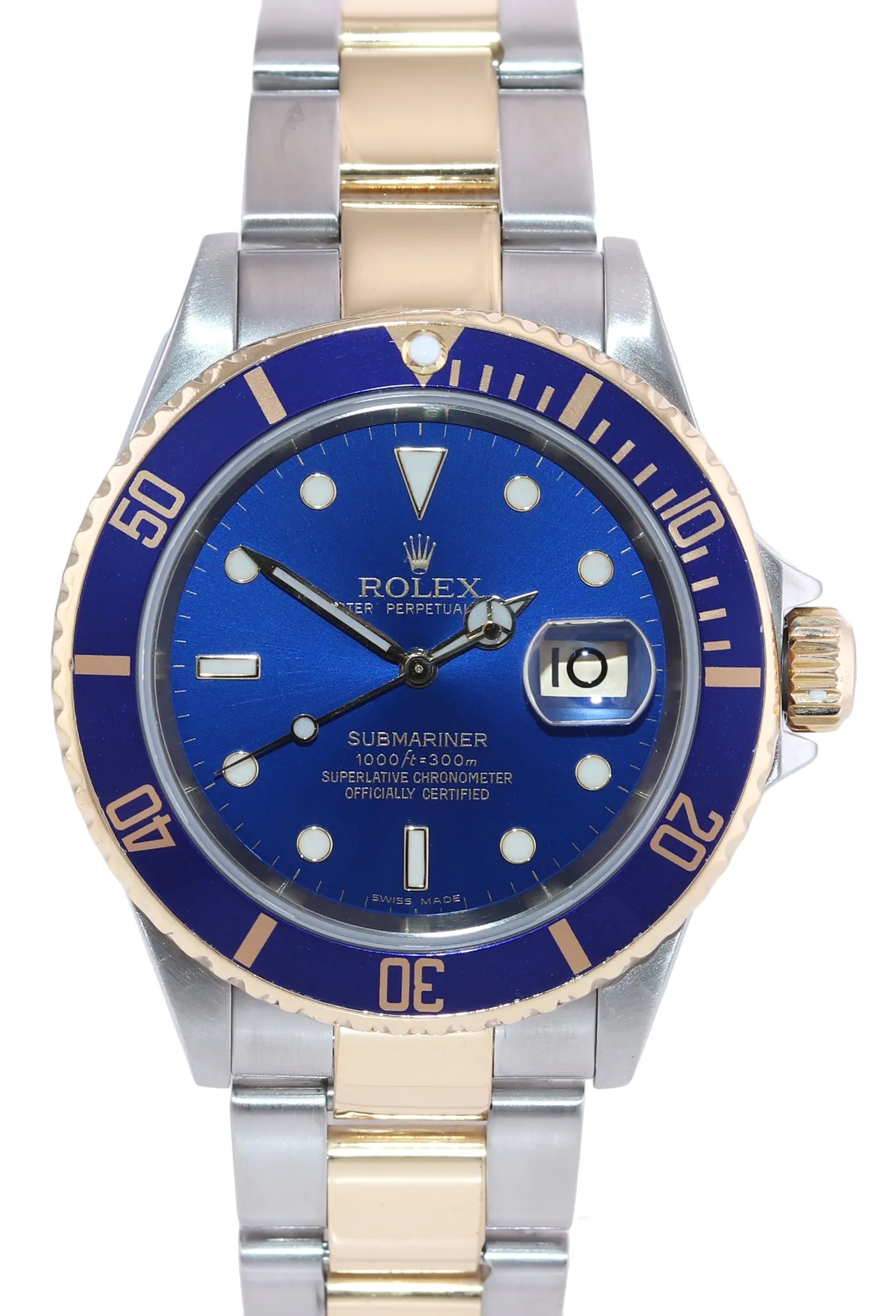 2007 No Holes Rolex Submariner 16613 Gold Steel Two Tone Gold Buckle Blue Watch