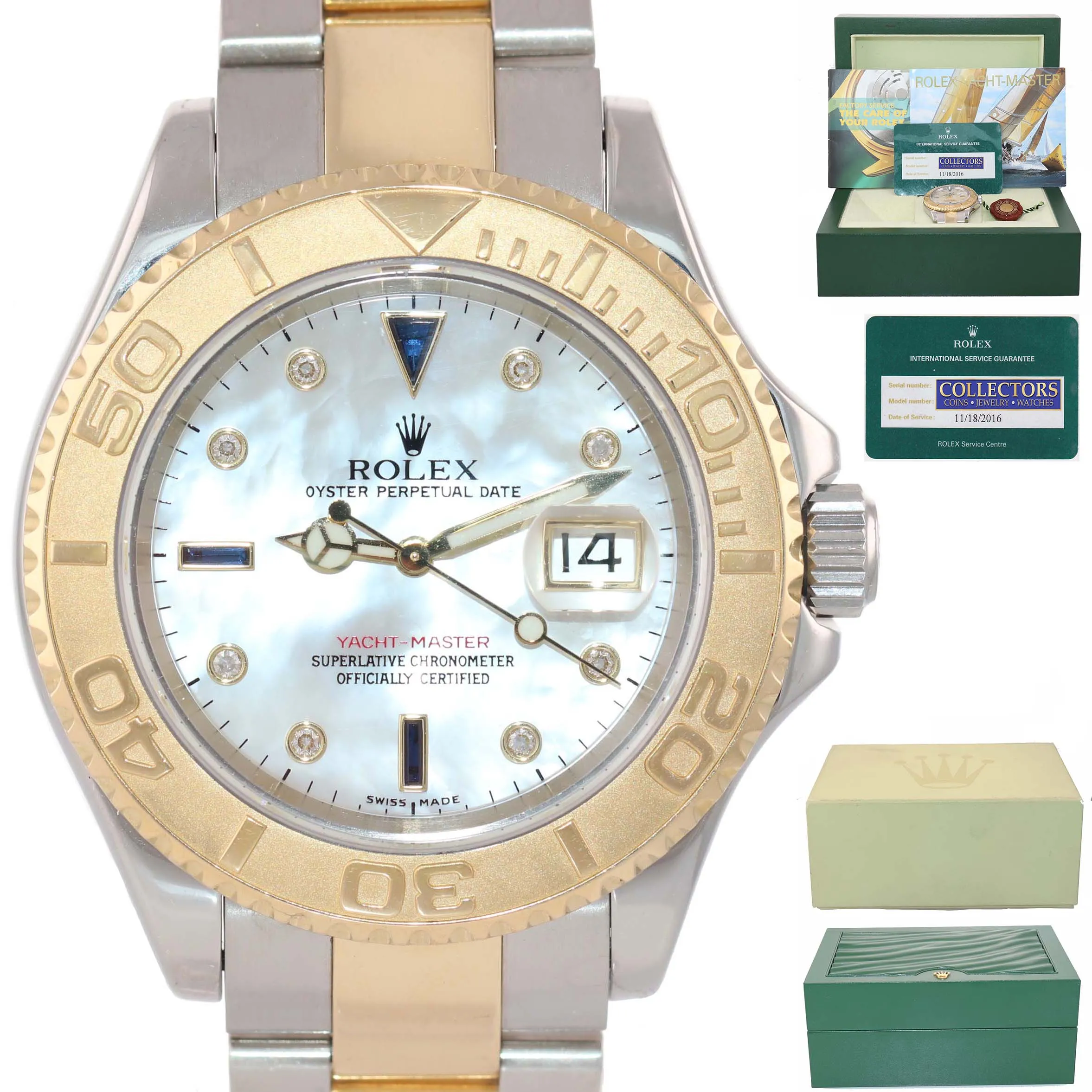 2007 PAPERS FACTORY MOP DIAMOND 16623 Rolex Two Tone Gold Yachtmaster Box Watch