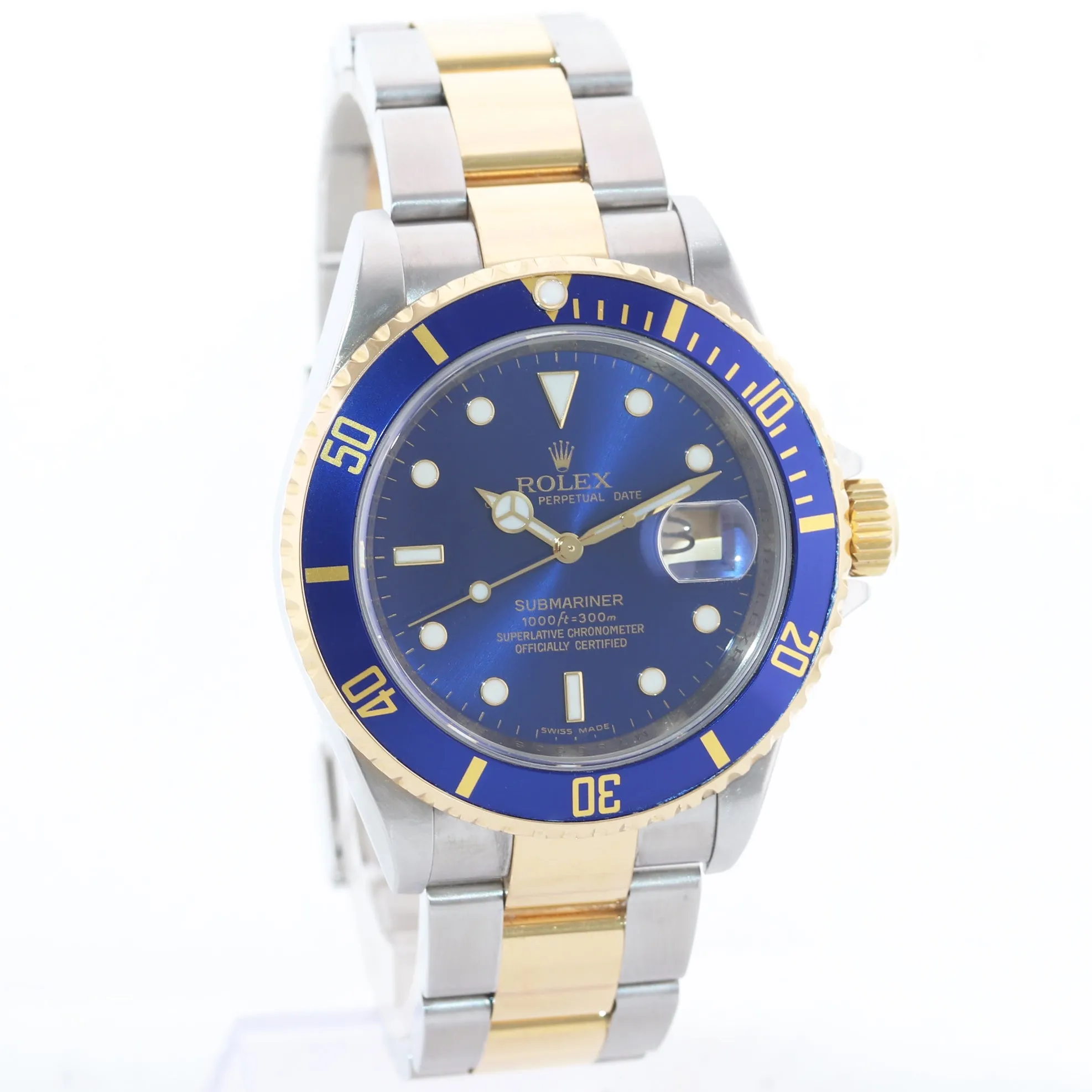 2008 GOLD BUCKLE Rolex Submariner 16613 Gold Steel Blue Watch Box Rehaut Model