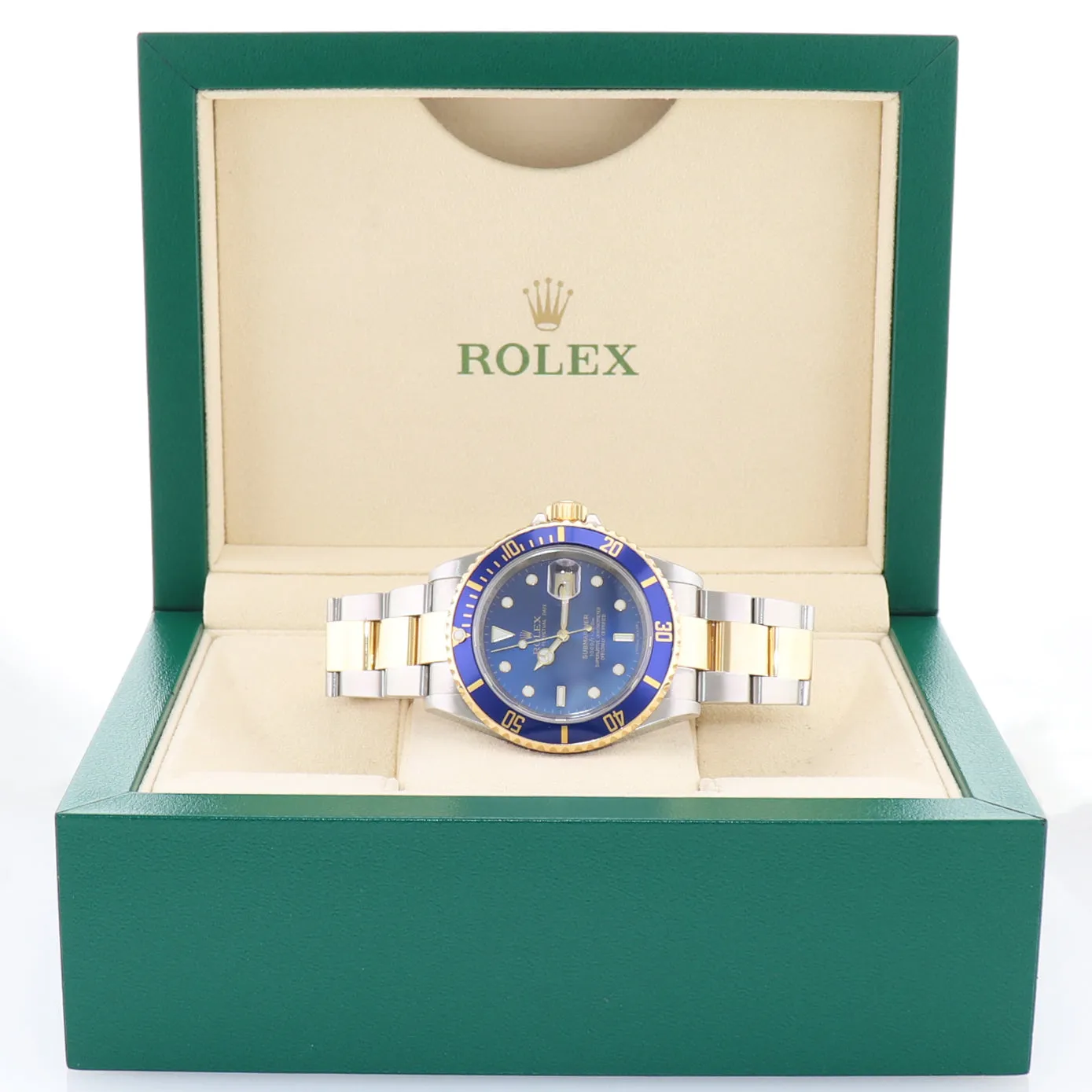 2008 GOLD BUCKLE Rolex Submariner 16613 Gold Steel Blue Watch Box Rehaut Model