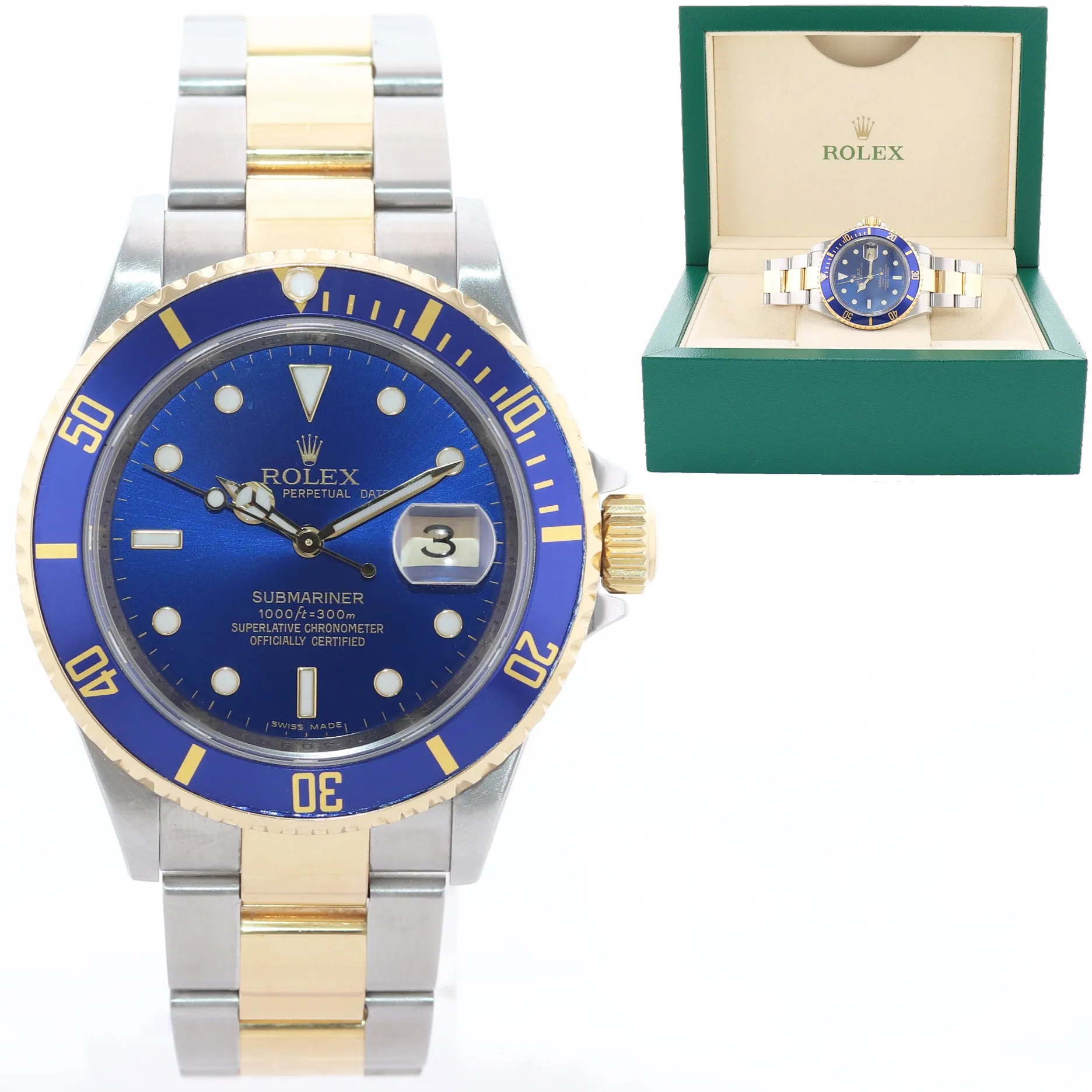 2008 GOLD BUCKLE Rolex Submariner 16613 Gold Steel Blue Watch Box Rehaut Model