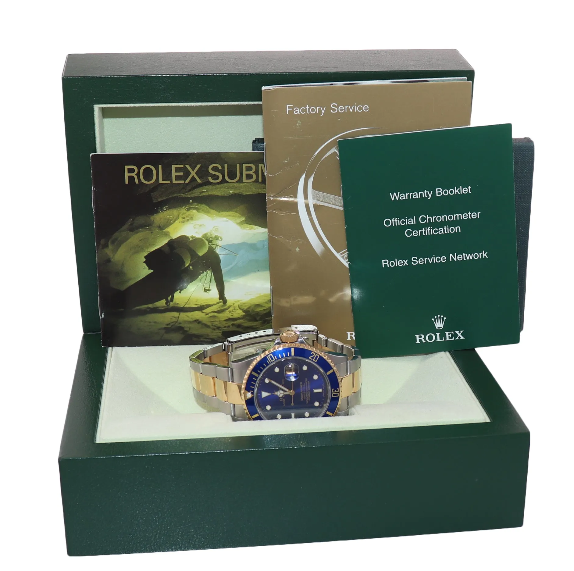 2008 GOLD BUCKLE Rolex Submariner 16613 Gold Steel Blue Watch Box Rehaut