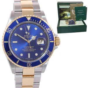 2008 GOLD BUCKLE Rolex Submariner 16613 Gold Steel Blue Watch Box Rehaut