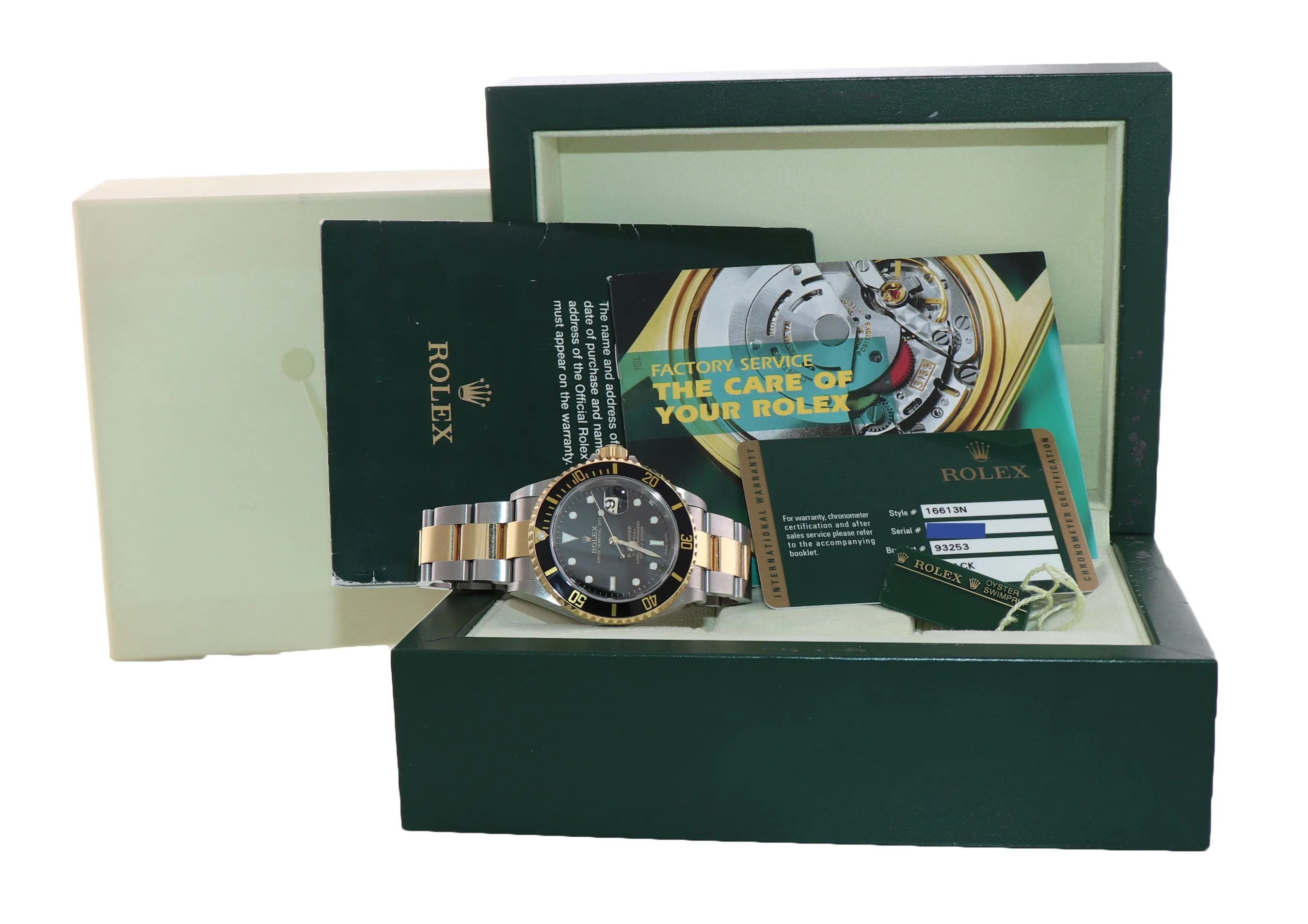 2008 Papers Rehaut Rolex Submariner 16613 Gold Steel Black Watch Box Gold Buckle